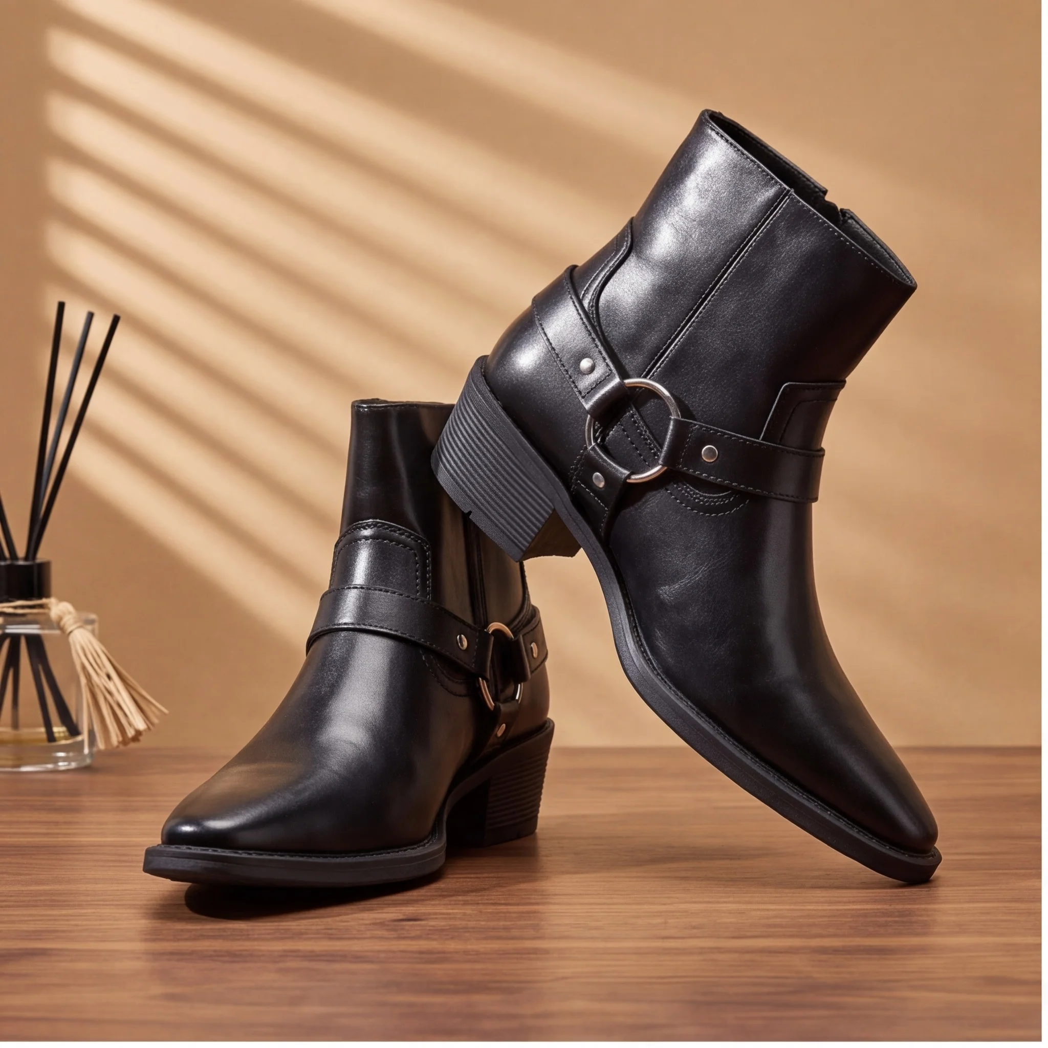 Chelsea-Stiefel für Herren, schwarze Schnallen-Knöchelstiefel mit seitlichem Reißverschluss, spitze Zehenpartie, Blockabsatz – Detail 4