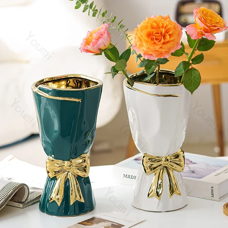 Light Luxury Ceramic Vase Decorative Minimalist Style Living Room Bouquet Shape Ikebana Vase Nordic Home Decoration Vases