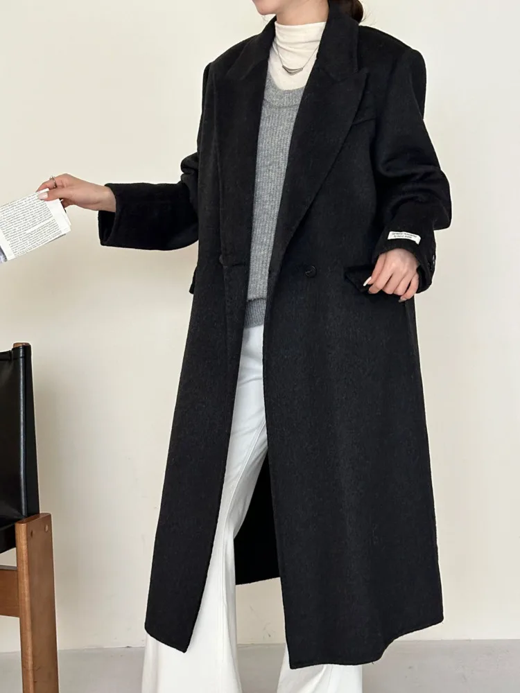 ZMEENNA Cappotto lungo classico oversize in misto lana da donna con design con risvolto dentellato e chiusura con un bottone ZM3670
