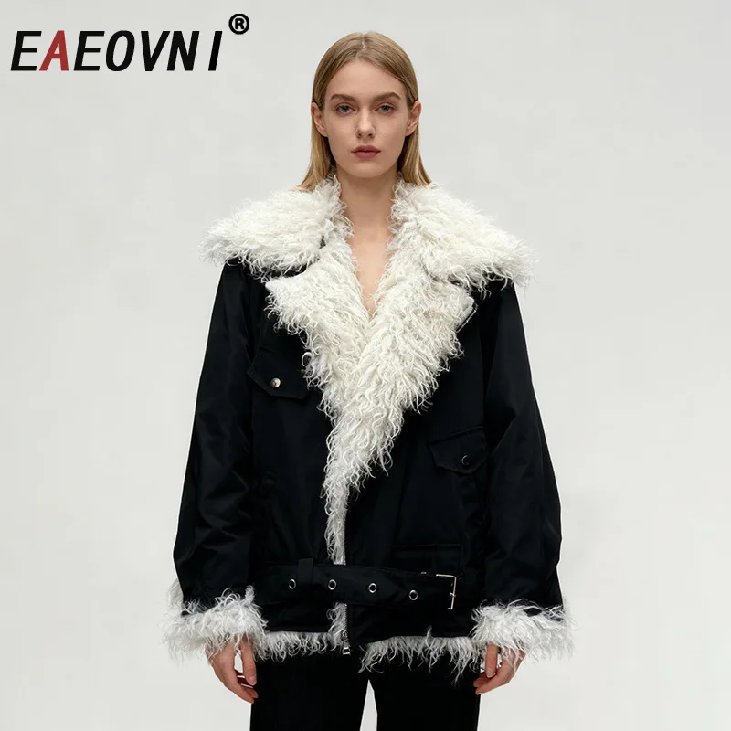 

EAEOVNI, зимняя модная меховая куртка, женская уличная одежда, контрастный цвет, дизайн пояса, теплое пальто, повседневное, новинка 2023 года, одежда
