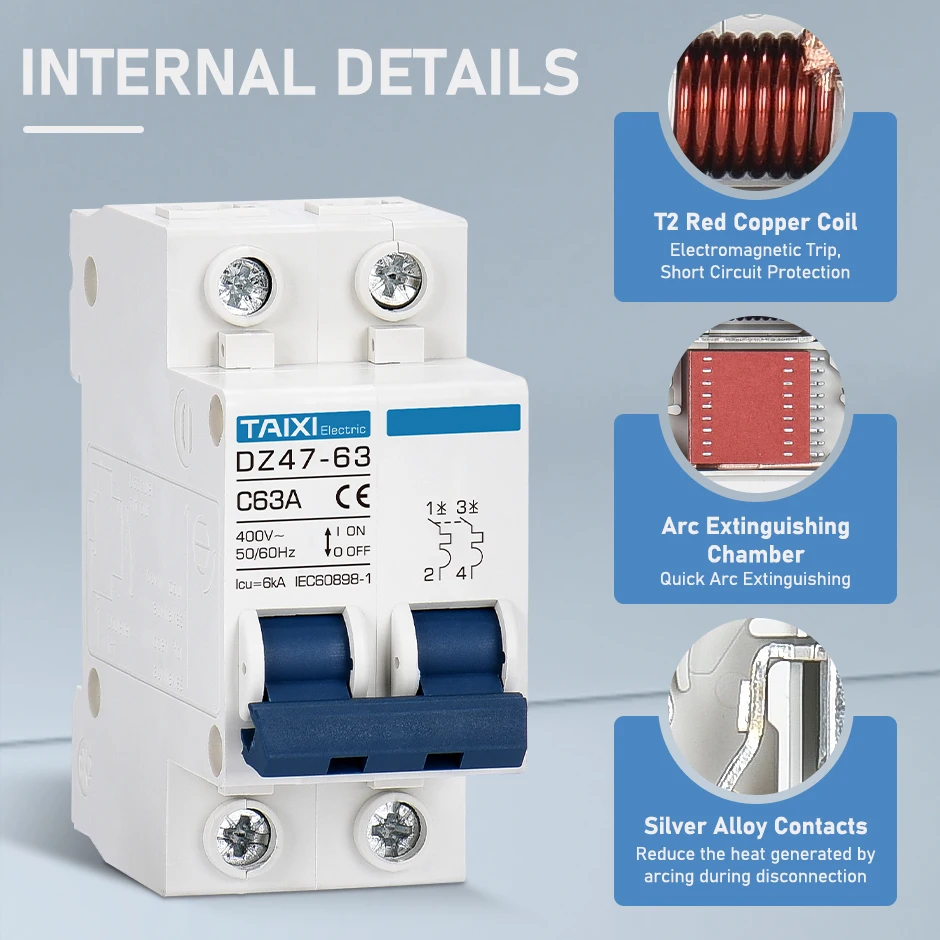 AC Circuit breaker MCB DZ47  6A 10A 16A 20A 25A 32A 40A 50A 63A 220V Circuit Overload, Disconnect, Short Circuit Protection