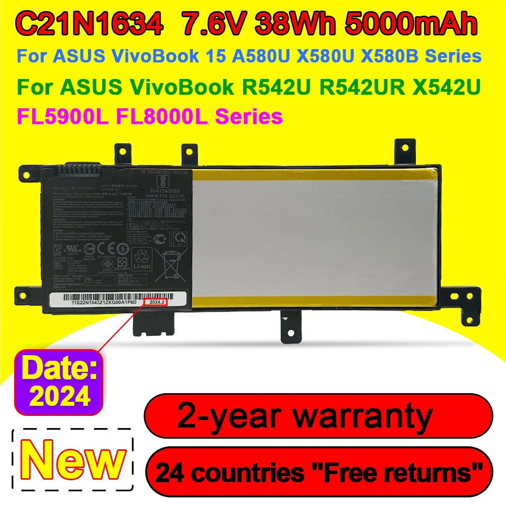 

C21N1634 Аккумулятор для ноутбука ASUS X542U A542U R542U R542UR V587U A580U X580U X580B FL5900L FL8000L Series 7,6 V 38WH 5000mAh