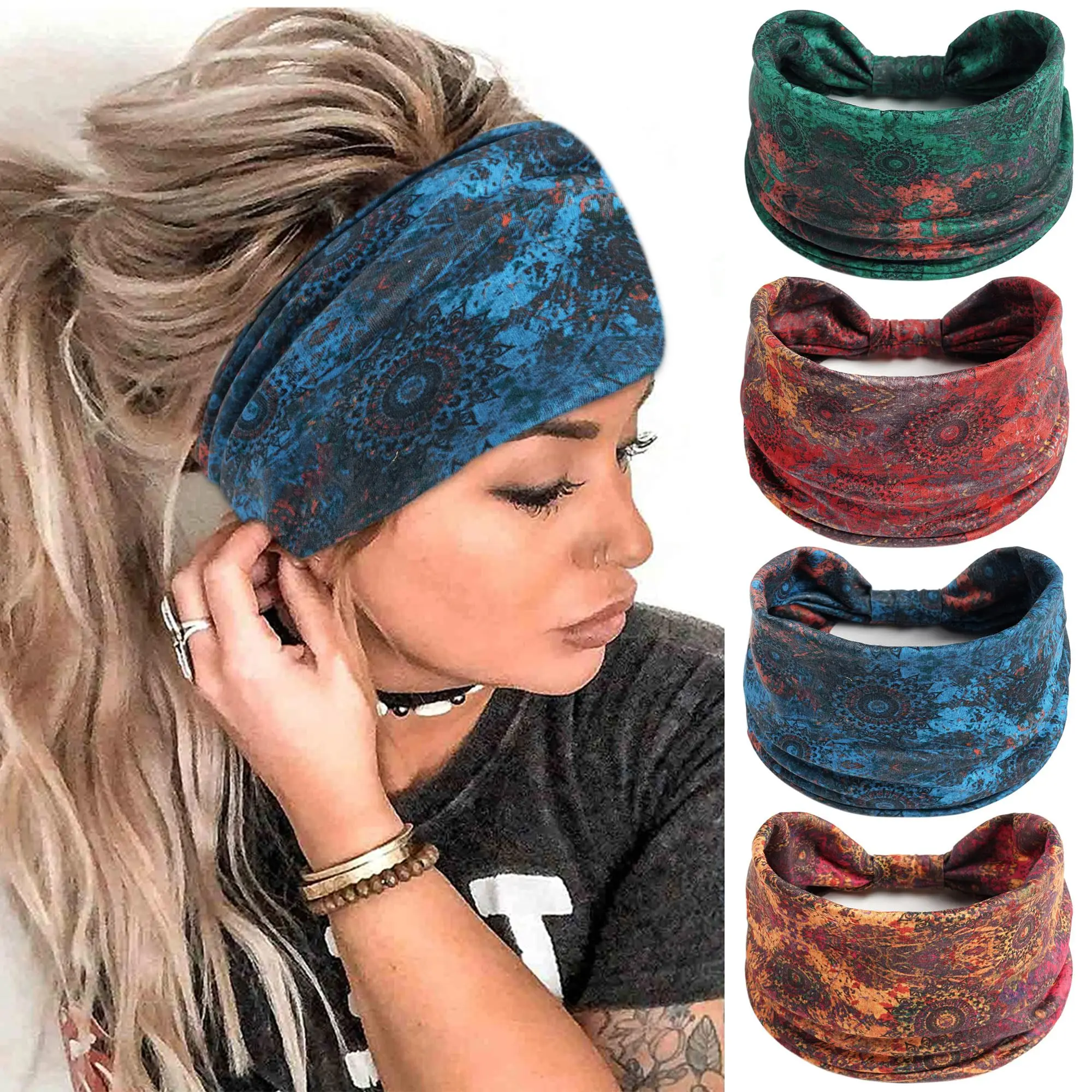 Boho Headbands for Women Knotted Wide Headwrap Turban Yoga Workout Head Bands Stretch Hiarbands Cotton Bandana Hair Accessories