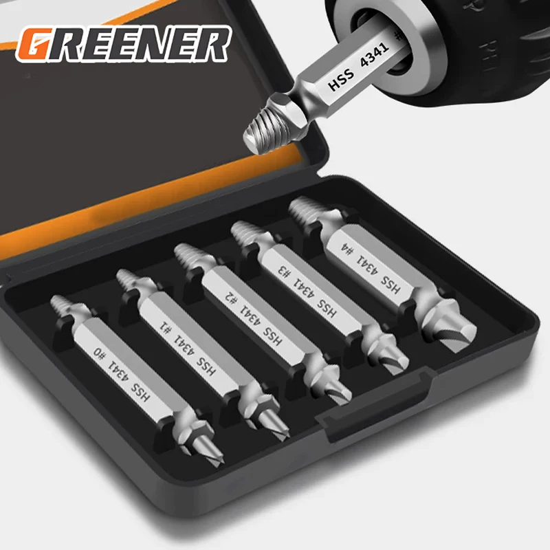 GREENER 5Pcs Screw Extractor Set CR-V Double Head Broken Bolt Remover M3-M10 Stripped Screw Out Tool For Drill Power Tools