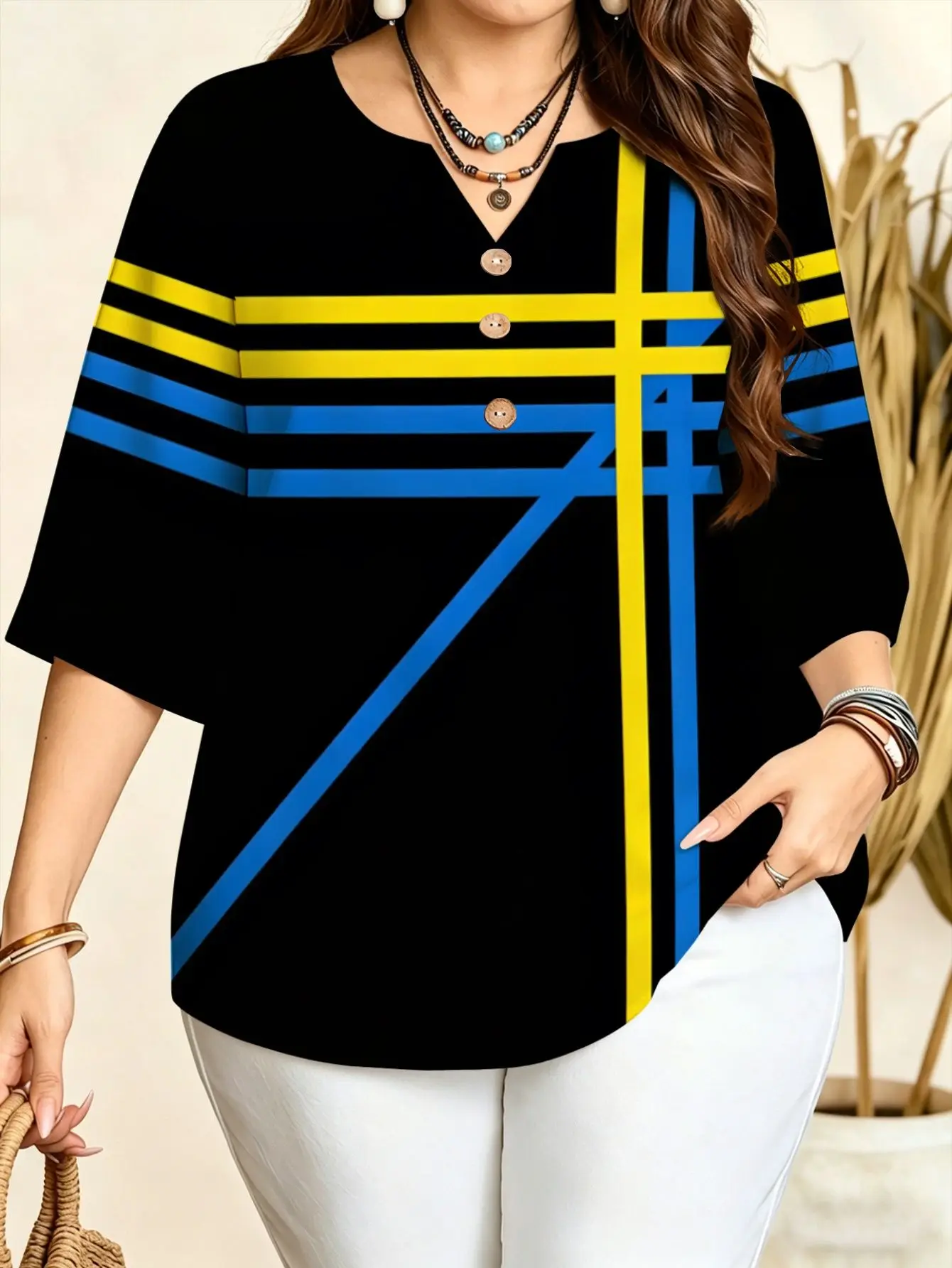 Geometric Cross Stripe Line Print Women Blouse Notch V Neck 3/4 Sleeve Casual Office Tops 5 Color Options Available