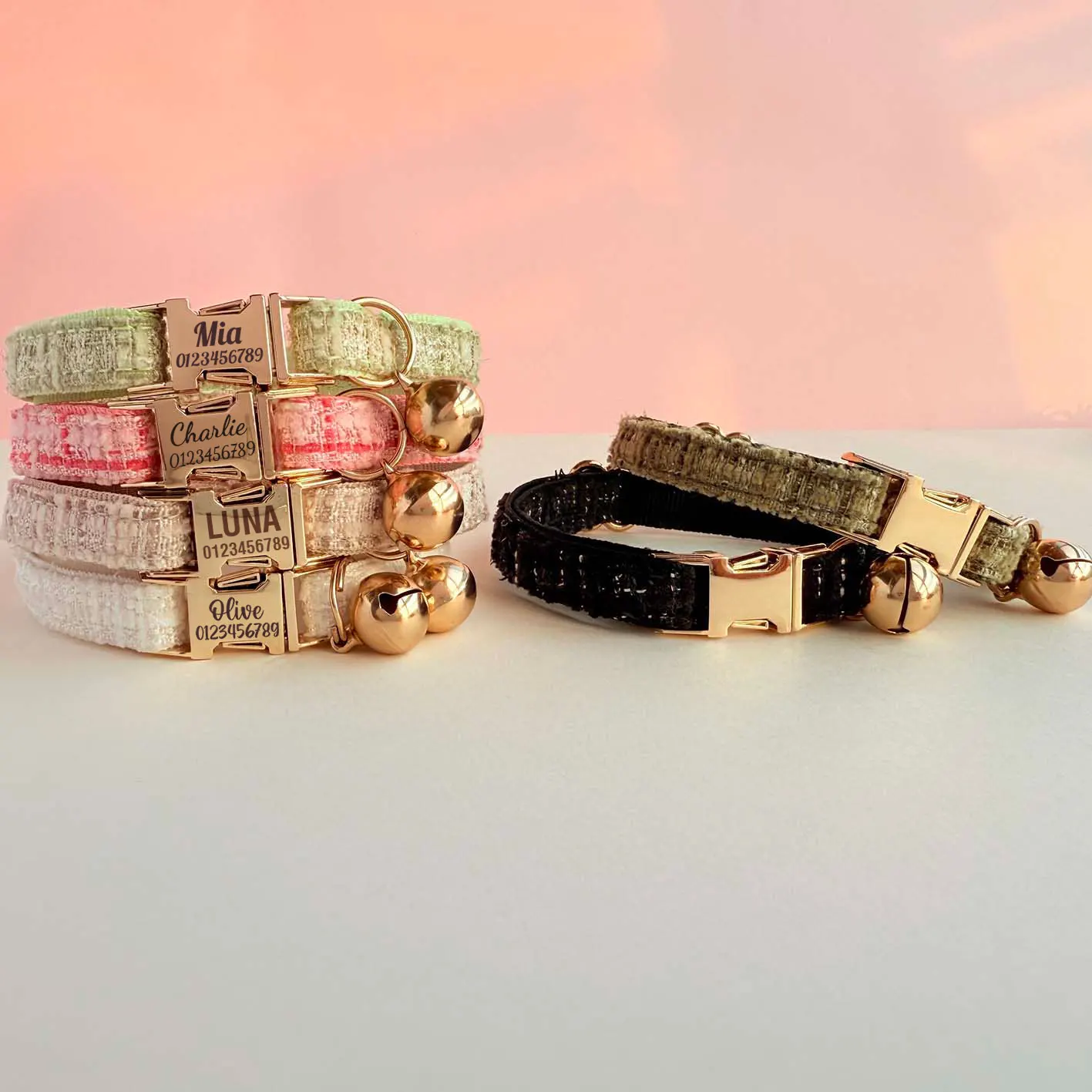 

Personalized Name Tweed Cat Collar with Bell Elegant Kitten Collar with Pearl Accent Adjustable Safety Pet Gift