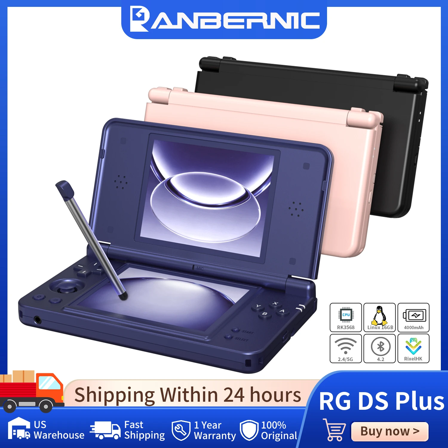 Anbernic RG DS Plus Retro Handheld Game Console RGDS Plus 4.3 Inch IPS Dual Screen Built-in Capacitive Stylus 4000mAh Linux Portable Games Player Supports Online Multi-player Wi-Fi Bluetooth