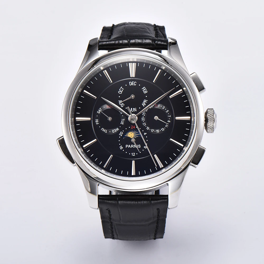 

Parnis 45mm Black Dial Mens New Watch Automatic Mechanical Moon Phase Calendar Leather Strap Luxury Watch Men relogios masculino