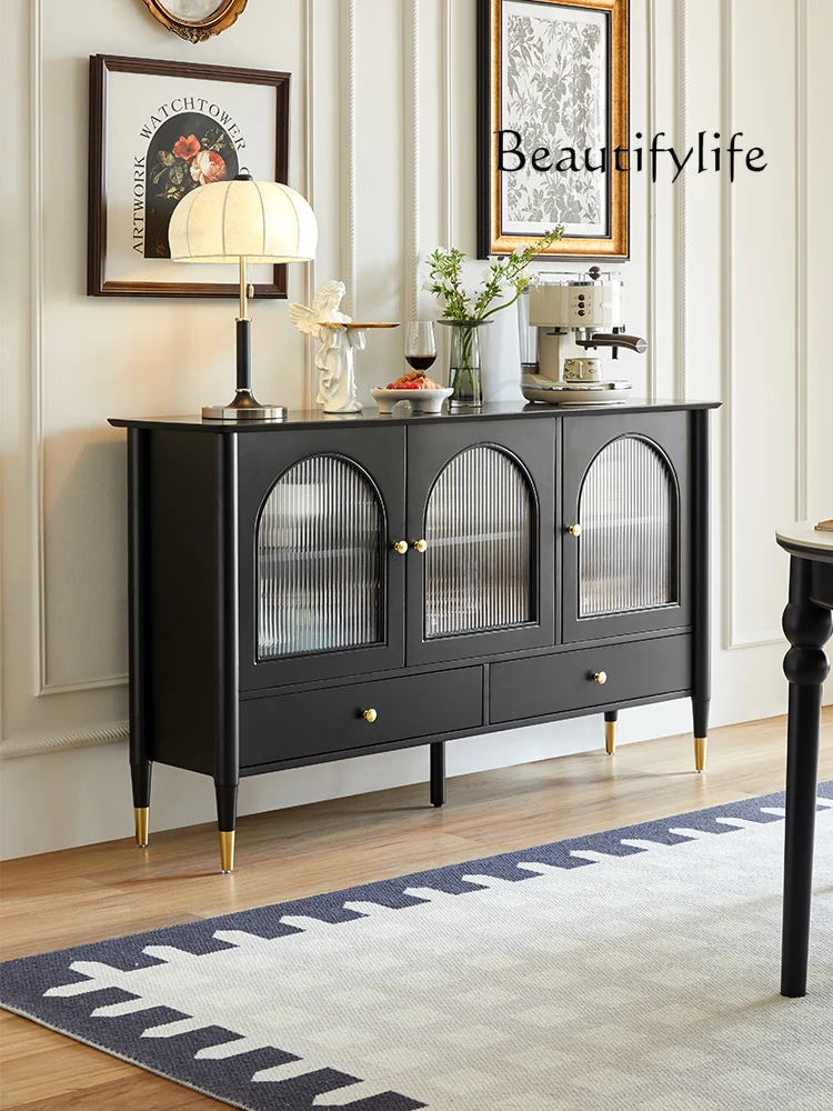 

French Retro Sideboard Cabinet Wall Solid Wood Storage Side Cabinet Light Luxury Glass Black Tea Cabinet