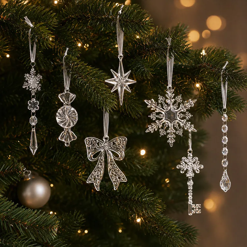 Christmas Ornaments Acrylic Transparent Crystal Snowflake Candy Mini Pendant Home Xmas Tree Hanging Decor For Holiday Party
