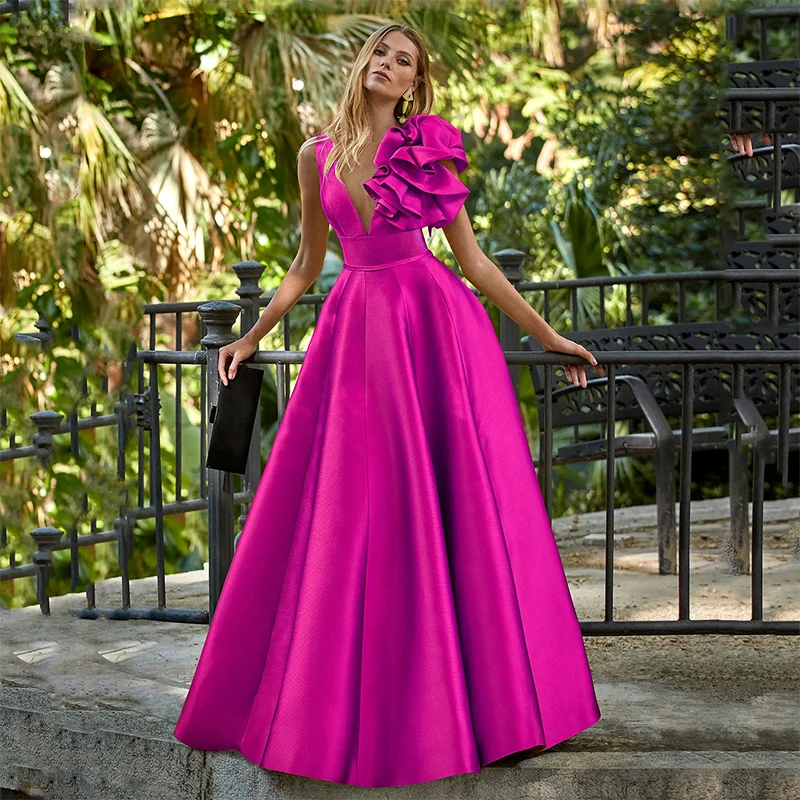 Fuksja Suknie wieczorowe Długie satynowe falbany Linia Długość do podłogi Bez rękawów V Szyja Formalne suknie na imprezę Prom Gowns Graduation Women Dress