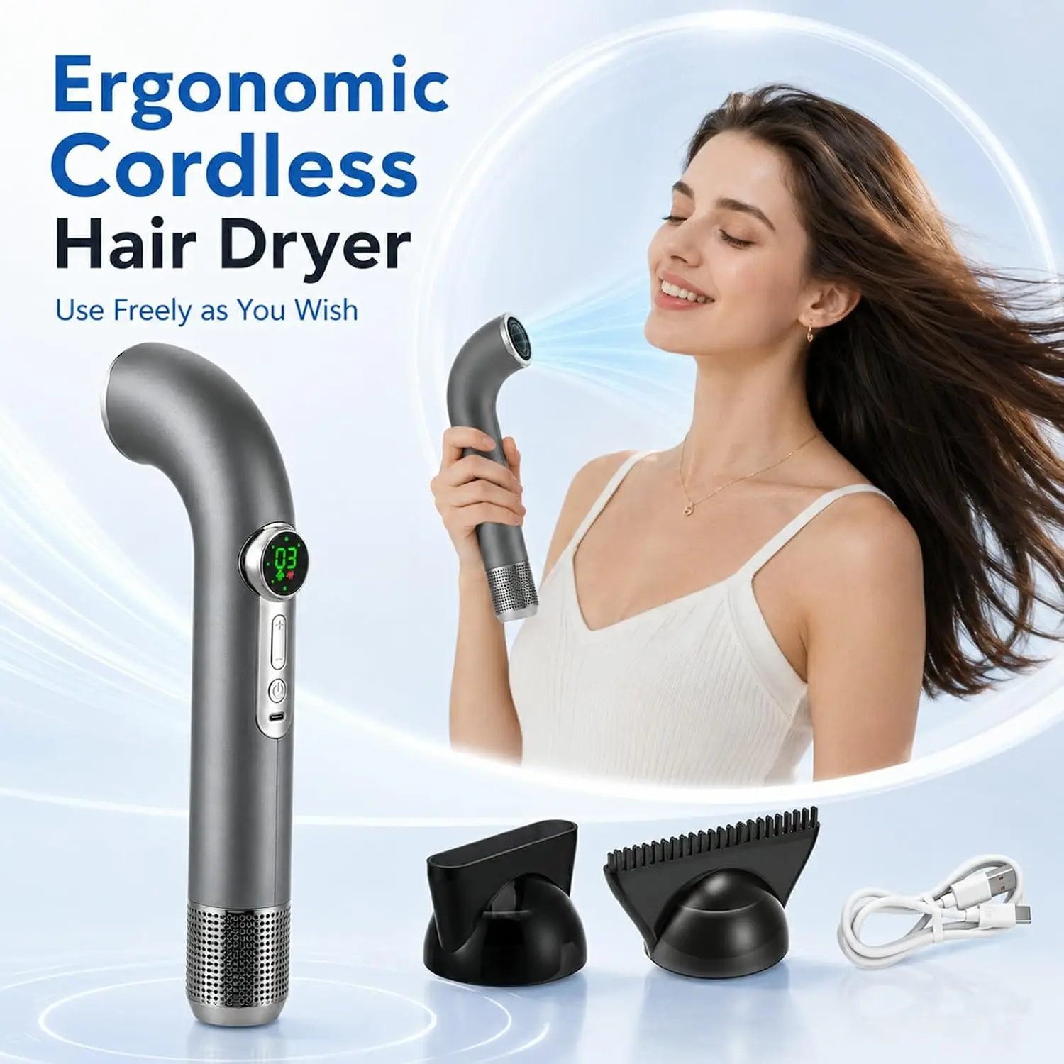 Cordless Hair Dryer Portable Rechargeable Hair Dryers 15600mAh Wireless Hairdryer 3 Temp Settings USB Blow Dryer for Travel