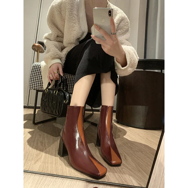 2023 New Splicing Cowhide High Heel Short Sleeve Fashion Women's Boots Square Head Style Boots with Plush Thick Heel Short Boots