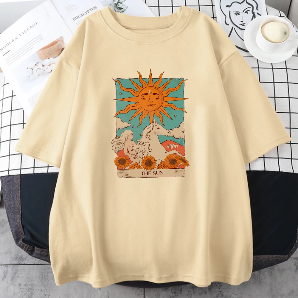 Tarot Card Art The Sun Male Cotton T Shirt High Street Vintage Clothing Breathable Casual O-Neck Short Sleeve Mens Cotton Tops