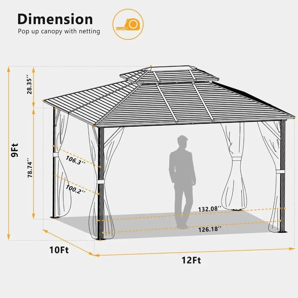 Outdoor Galvanized Gazebos with Mosquite Netting, Double Metal Roof Gardens, Garden A 10x12FT