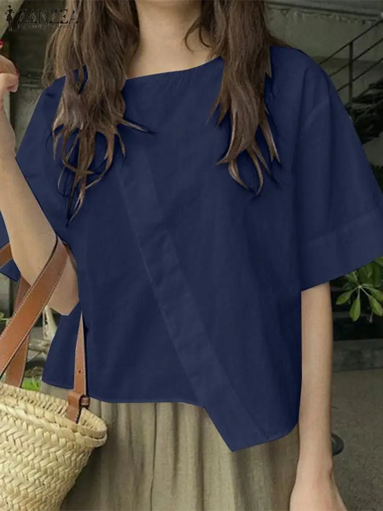 ZANZEA Women Oversize Bluse Summer Chic Irregular Short Sleeve Shirts Korean Fashion Round Neck Harajuku Tops Casual Loose Tunic