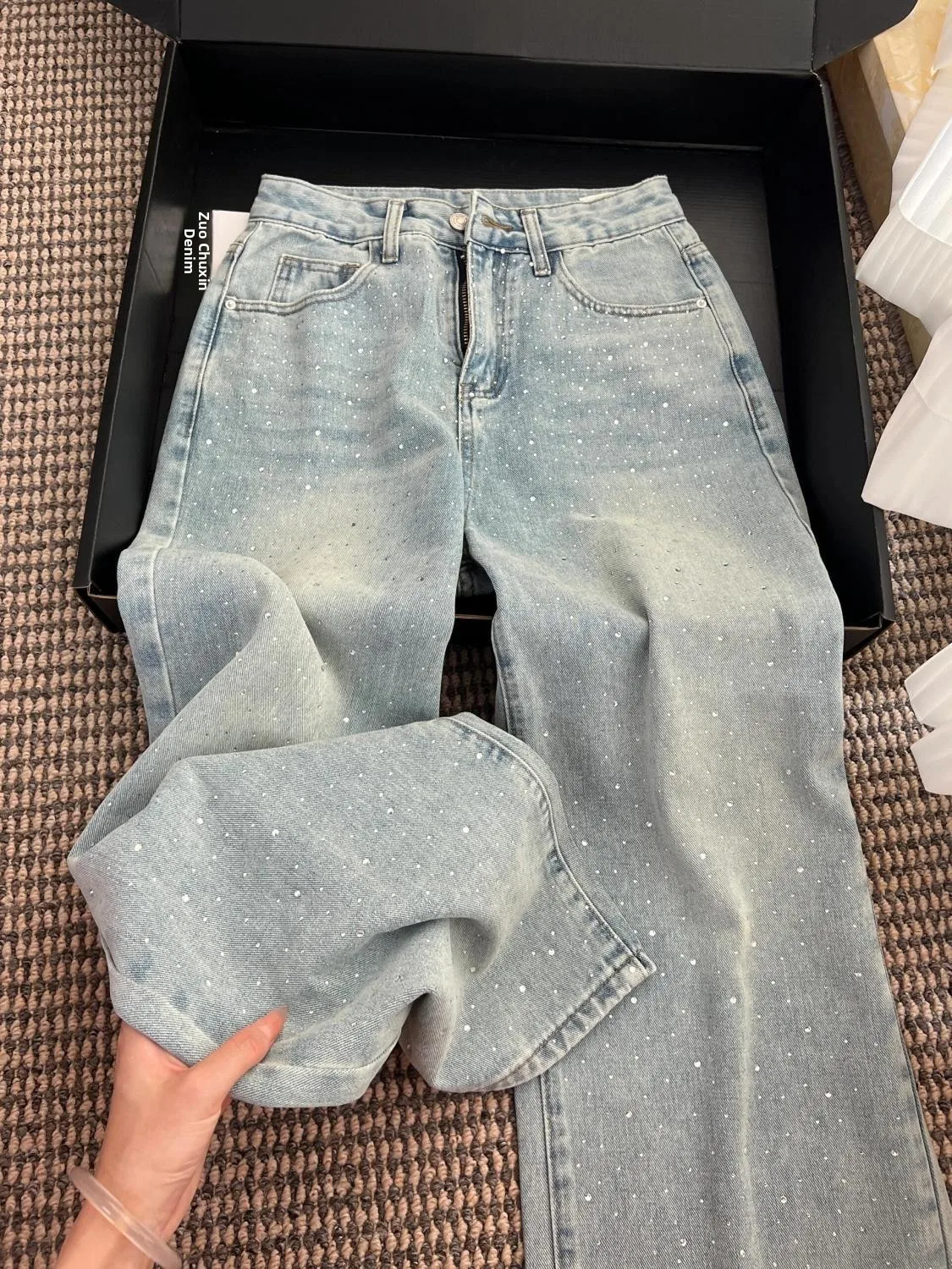 

Glittering Loose Straight Leg Jeans Women's High Waist Slimming Skinny Wide Leg Pants Casual Waed Denim Casual Daily Wear