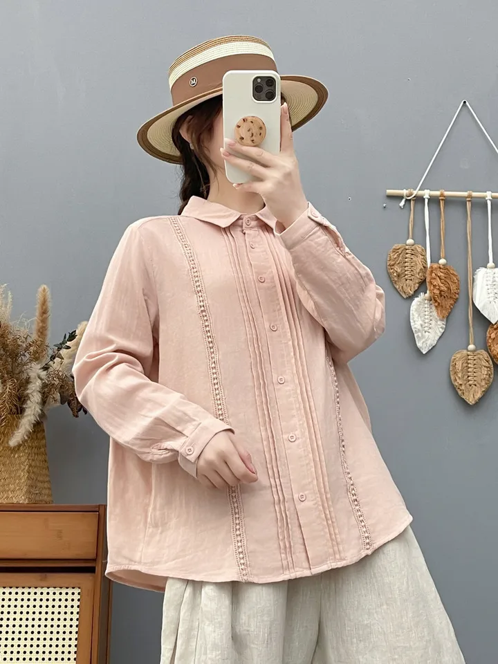 New 2026 Spring Women Cotton Yarn Long Sleeve Shirt, Lapel Lace