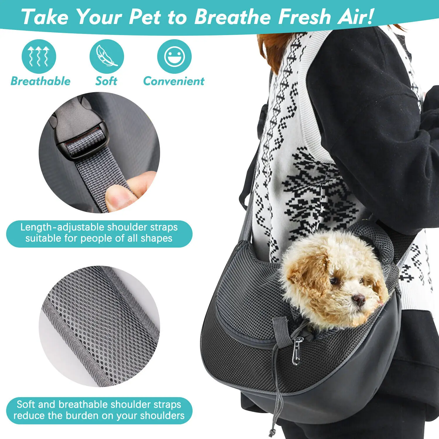 Pet Dog Carrier Bag Sling Messenger Bag Portable Comfortable Breathable Hand Free Shoulder Crossbody Bag for Nylon Mesh Fabric