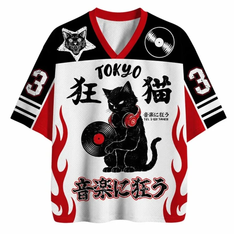 Crazy Cat Football Jersey Vintage Japanese Rock Cat Vinyl Record Print V‑Neck Color Block Short Sleeve Sports Tee Top