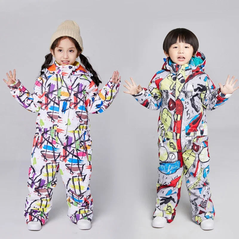 Winter Baby Children Ski Suits Boys Windproof One Piece Suit Girls Waterproof Thickened Insulation Outdoor Snowboarding Jumpsuit