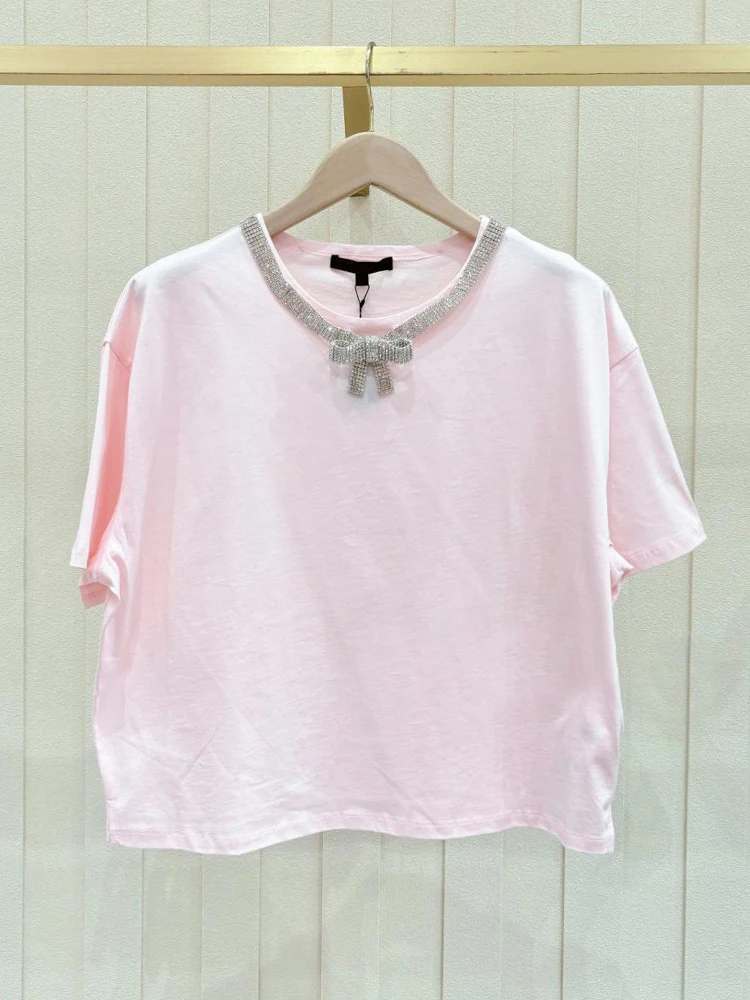 

Sweet Ele ort Diamond Embedded T-irt Women's Top Spring 2025 Maje Migi Brand Pure Color Commute Sle Loose Fit Polye...