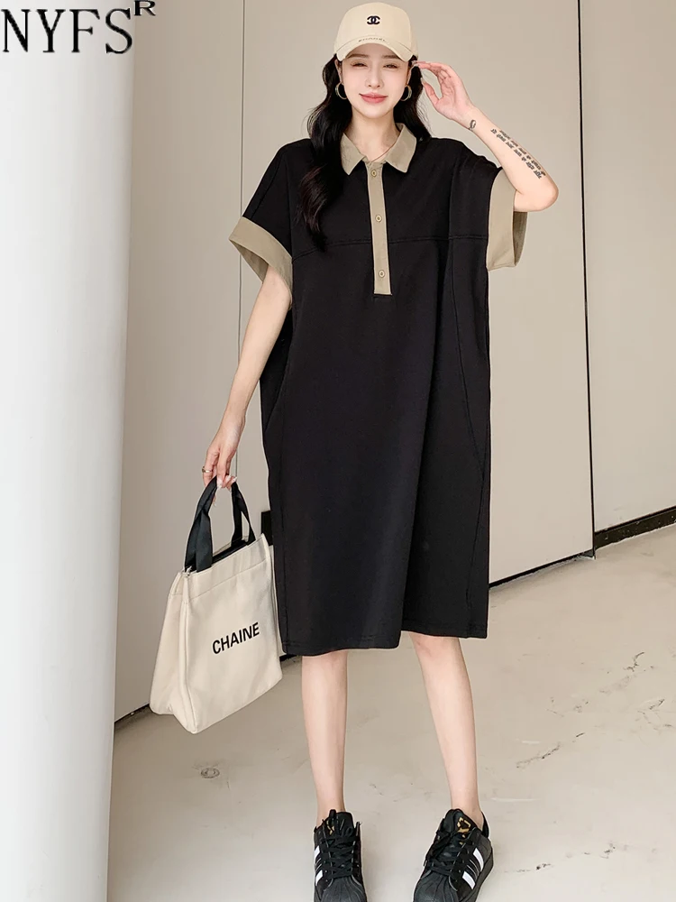 

NYFS 2024 Summer New Korea Patchwork Woman Dresses Vestidos Robe Elbise Loose Plus Size POLO Short Sleeve Dress