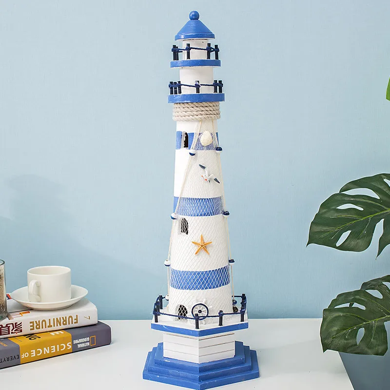 Mediterranean Style Stripe Lighthouse Simulation Model Handmade Wooden Watchtower Observation Tower Ornaments Craft Home Decor