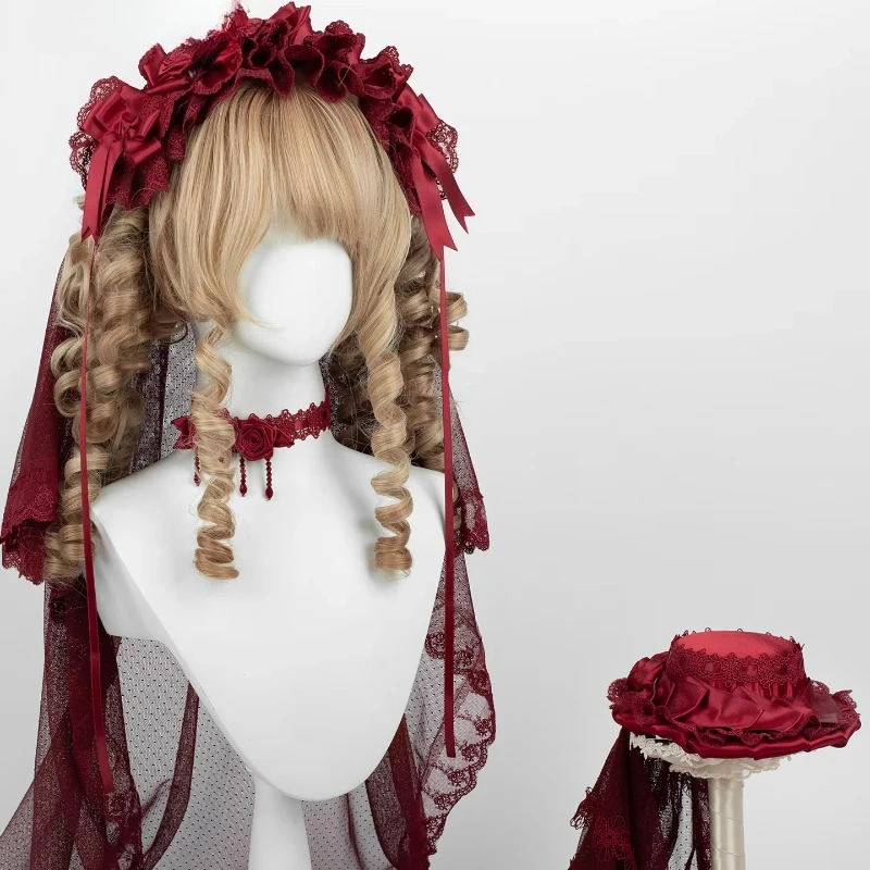 Handmade Lolita Flower Ball Veil Lace Hairpin, Red Hairband and Flat Cap Headdress, Hair Accessory for Adult Cosplay Party