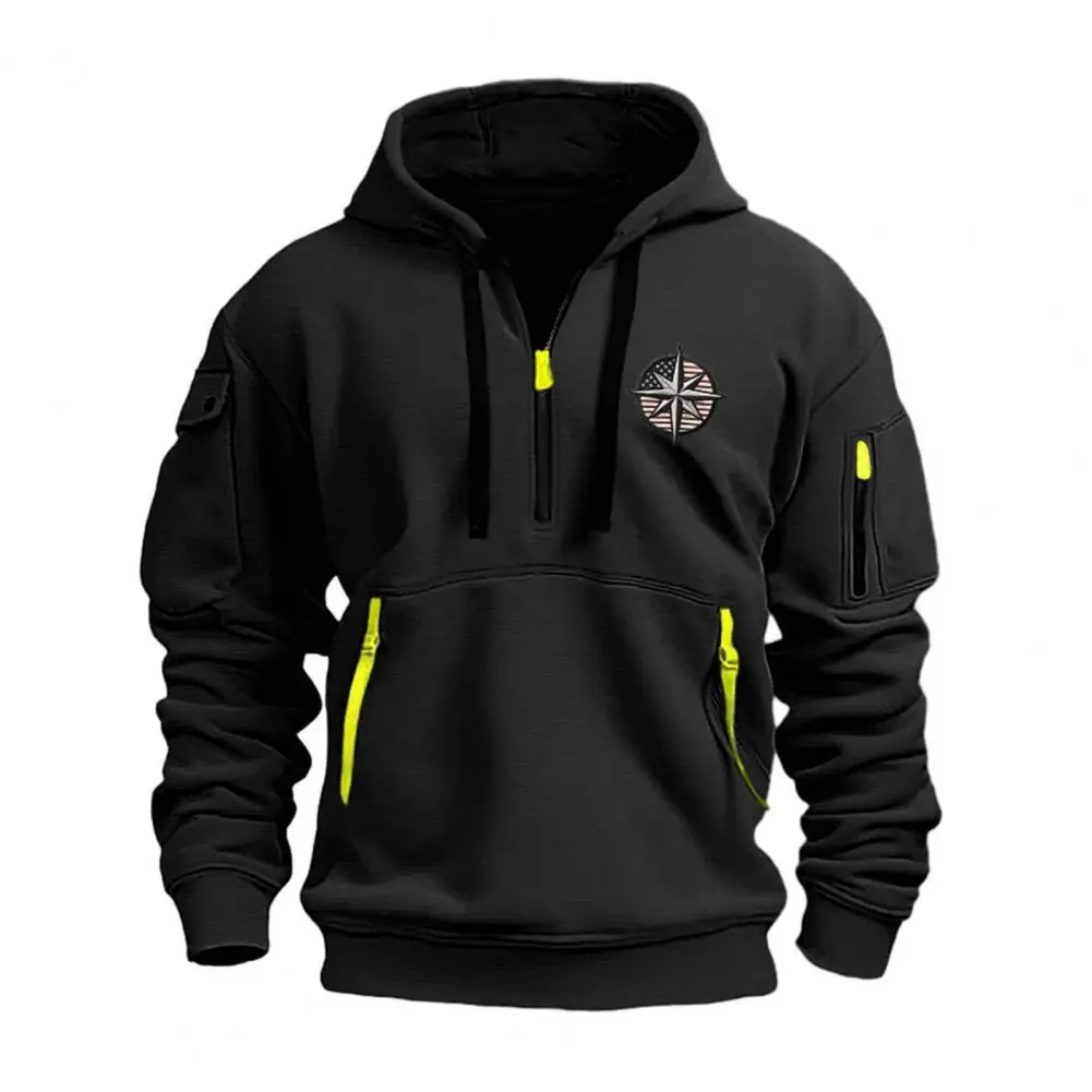 Long Sleeves Hoodie Retro Hoodie with Zipper Pocket Men's Fall Winter Hoodie with Embroidery Badge Big Pocket for Daily