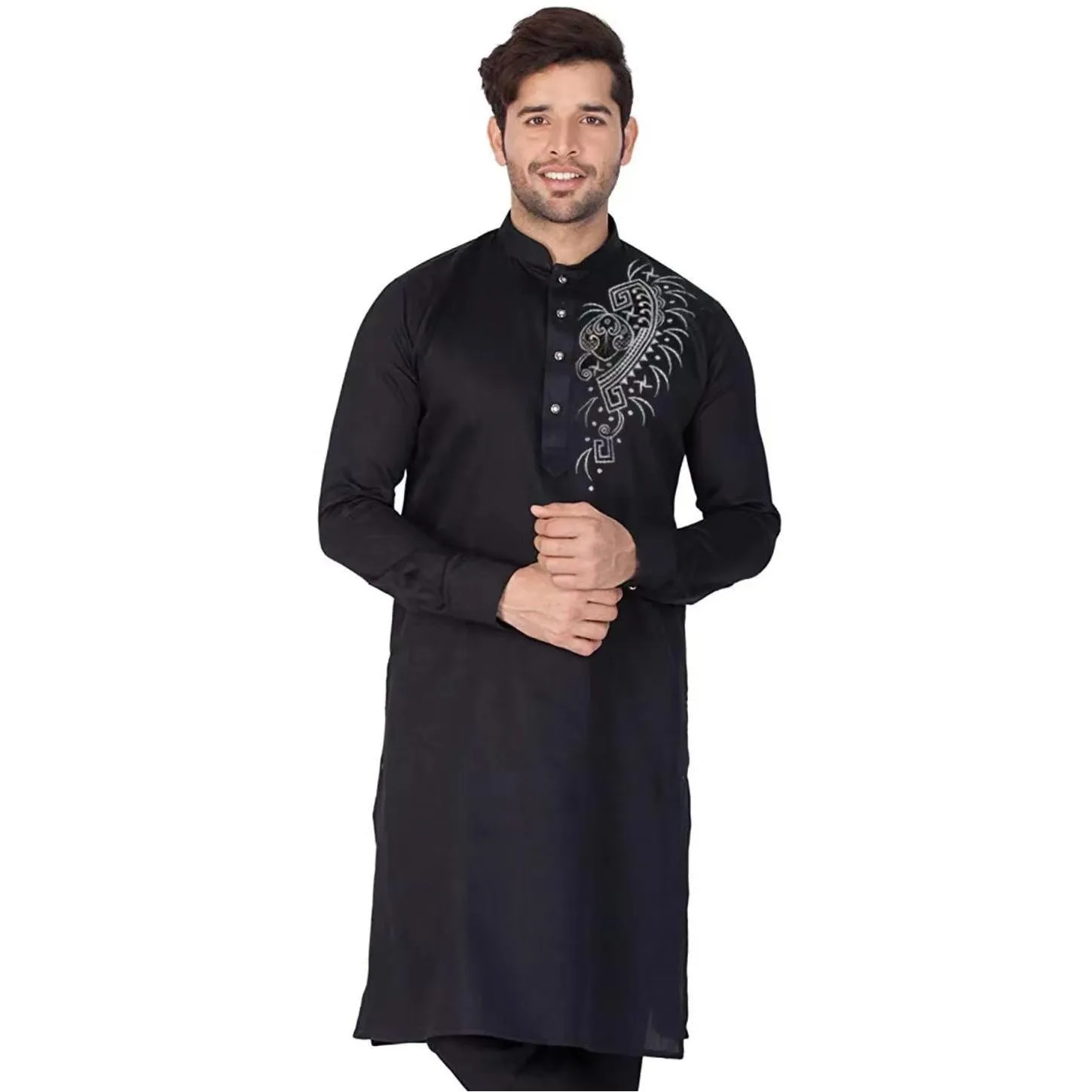 رداء رجالي من الشرق الأوسط مطبوع عليه عرقية وياقة واقفة قميص شبابي متوسط الطول معطف فاخر غير رسمي 2026 نمط وطني مسلم