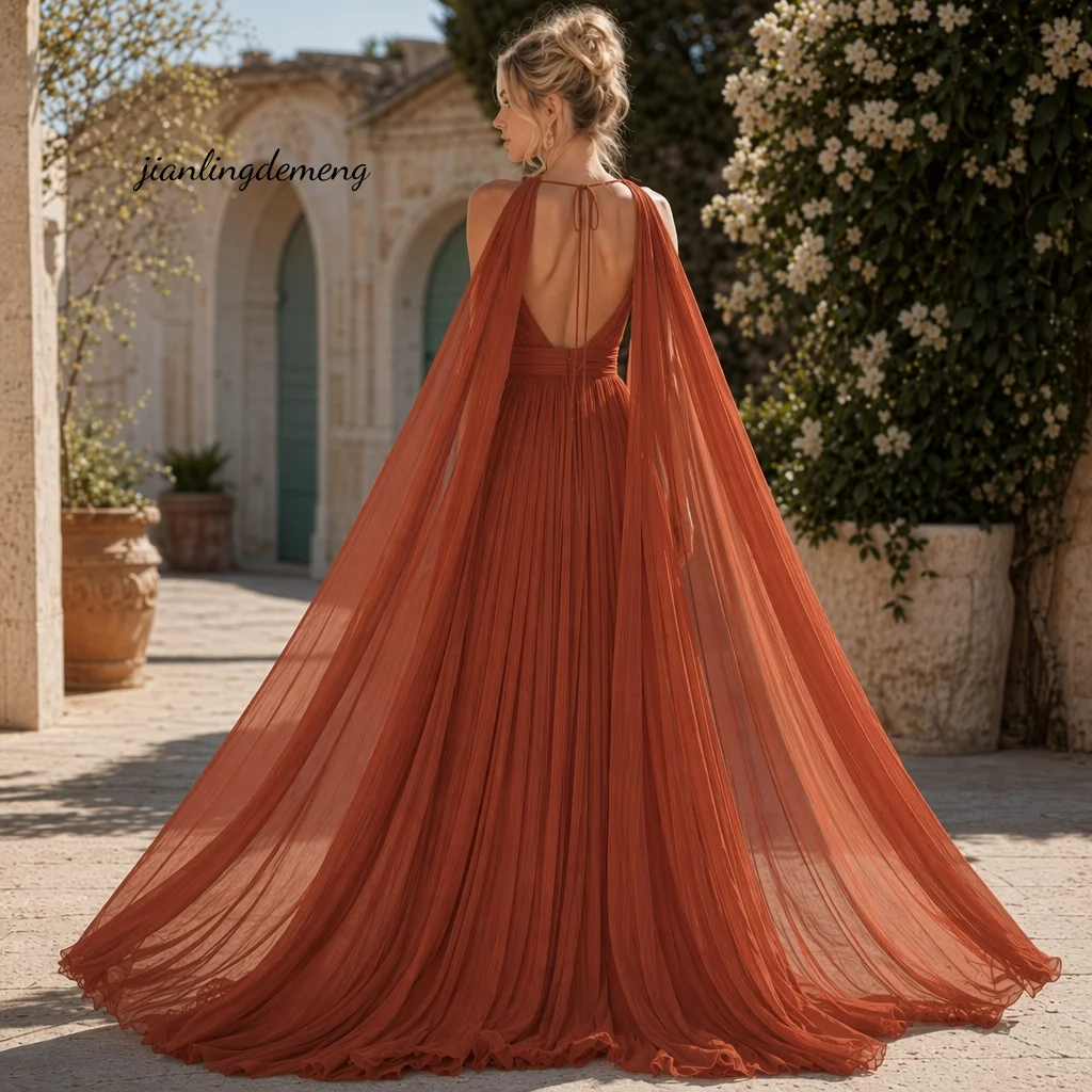 Glam Terracotta Prom Dress Halter Keyhole V Neck Pleated Chiffon High Slit Cape Evening Gown Rustic Wedding Guest Customized