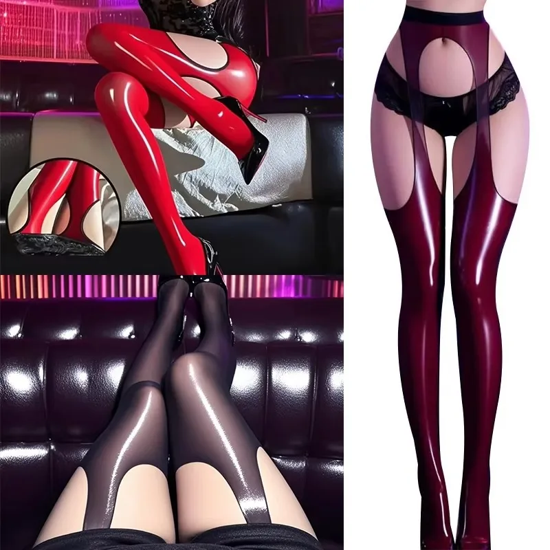 

Sexy Four-sided Hollow Out Black Red Stockings Women Tights Oil Sheen Thin Lingerie Summer Oil-like Stocking Seamless Party Wear