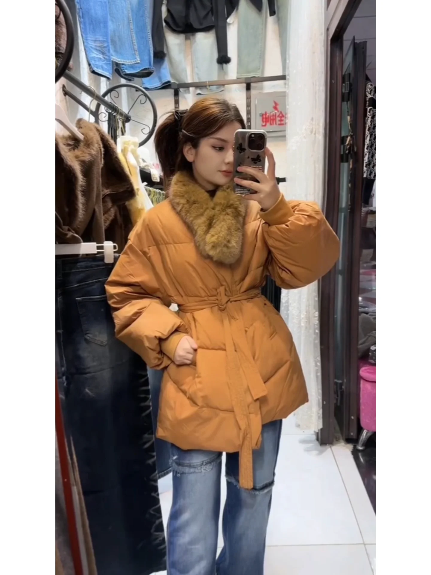 Jaet de plumón de longitud media para mujer coreana Sle con cuello de piel abrigo cálido que se pega a la cintura cuello de piel grande tamaño Cact