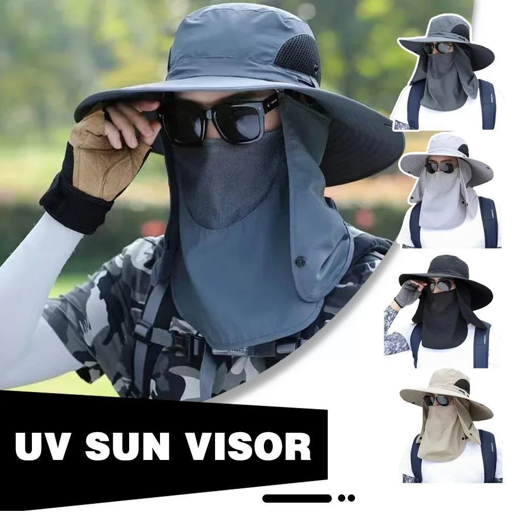 Proteção UV Outdoor Sun Hats para Homens e Mulheres, Máscara Facial, Viagem, Camping, Aba Larga, Respirável, Removível Chapéu de Pescador