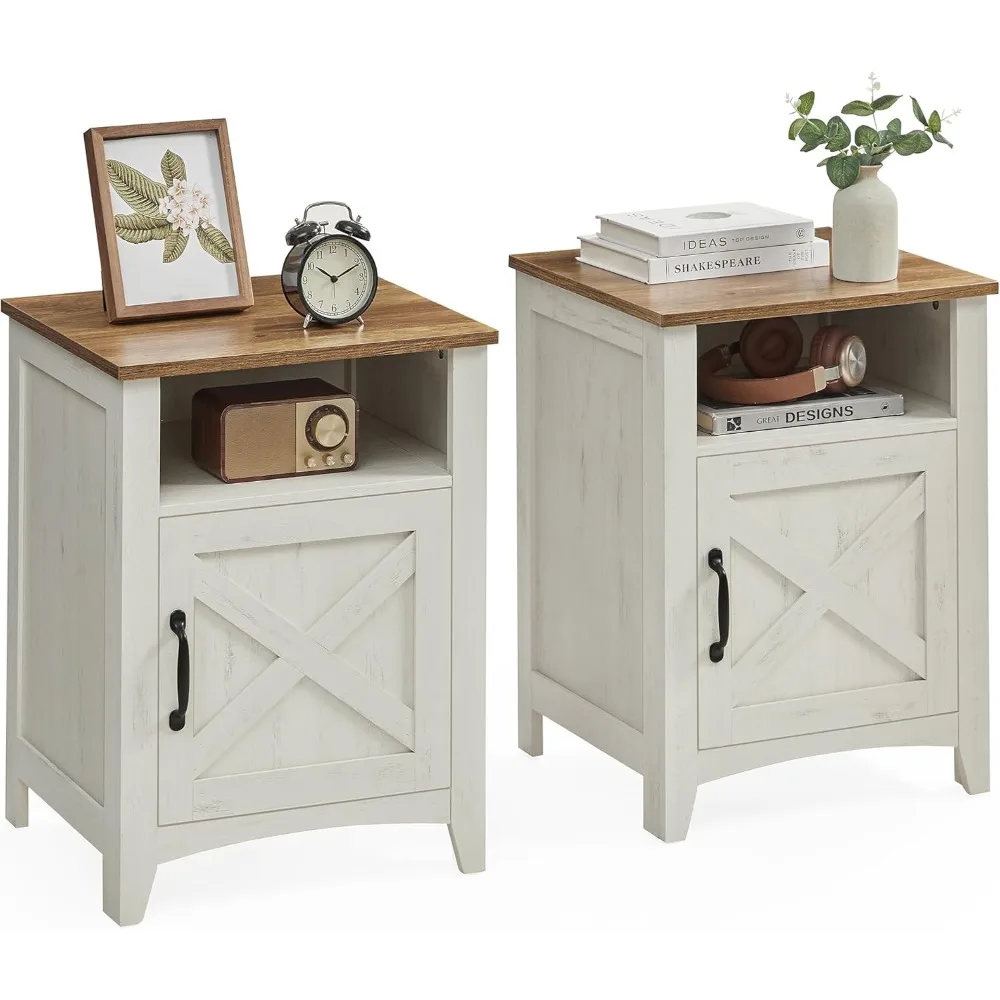 Farmhouse Nightstand with Barn Door, Set of 2, Bedside Table with Storage, Side End Table, Night Stand with Open Compartment.