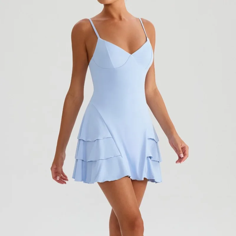 

Women's Yoga Suit Slim Fit Anti Glare Suspender Ruffle Edge Dress Fake Two Outdoor Sports and Leisure Fitness Clothes