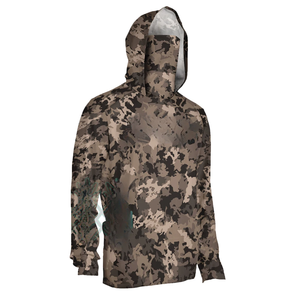 Men's Camouflage Long Sleeve Fishing Shirt with Hood And Mask UV Protection UPF 50+ Performance Fishing Apparel