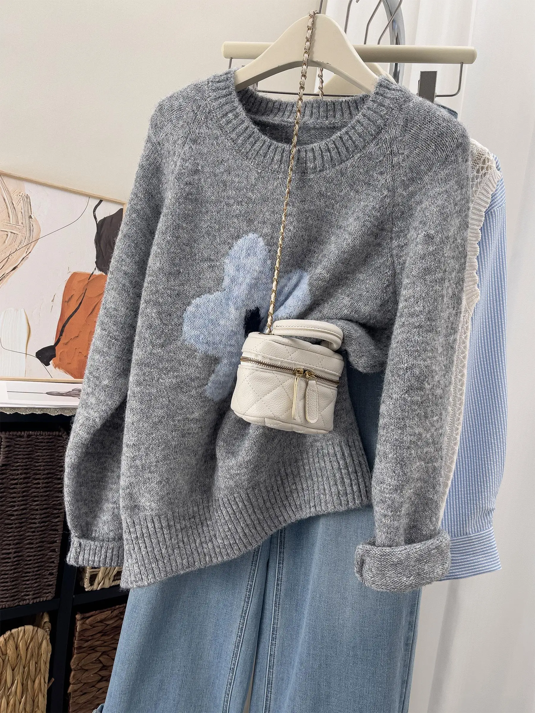 الأزهار متماسكة سترة Jaet المرأة أوائل الخريف جديد Sle الكورية Aosphere أعلى الخريف الشتاء فضفاضة تناسب طويلة Sve جولة Ne #4