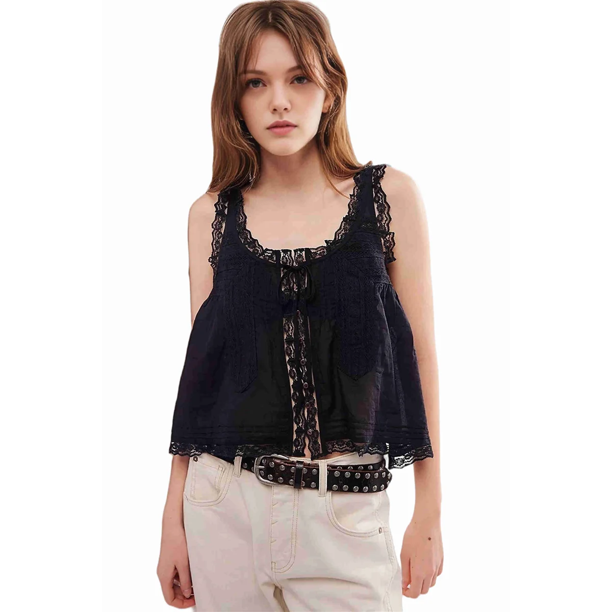 

Women Summer Boho Tie Front Tops Lace Beach Button Down Tank Sleeveless Mesh Chiffon Crop Tops Y2k 2025 Black L