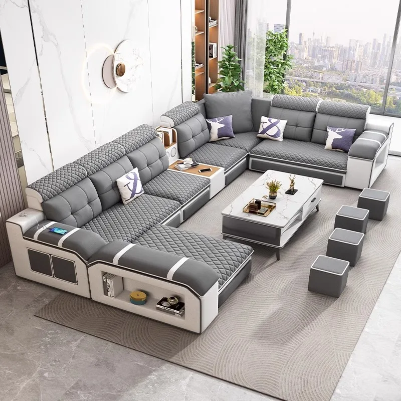 Linlamlim Modern U-Shaped Fabric Sectional Sofa with Speaker, Adjustable Headrests,USB Charging - Comfortable Quilted Upholstery