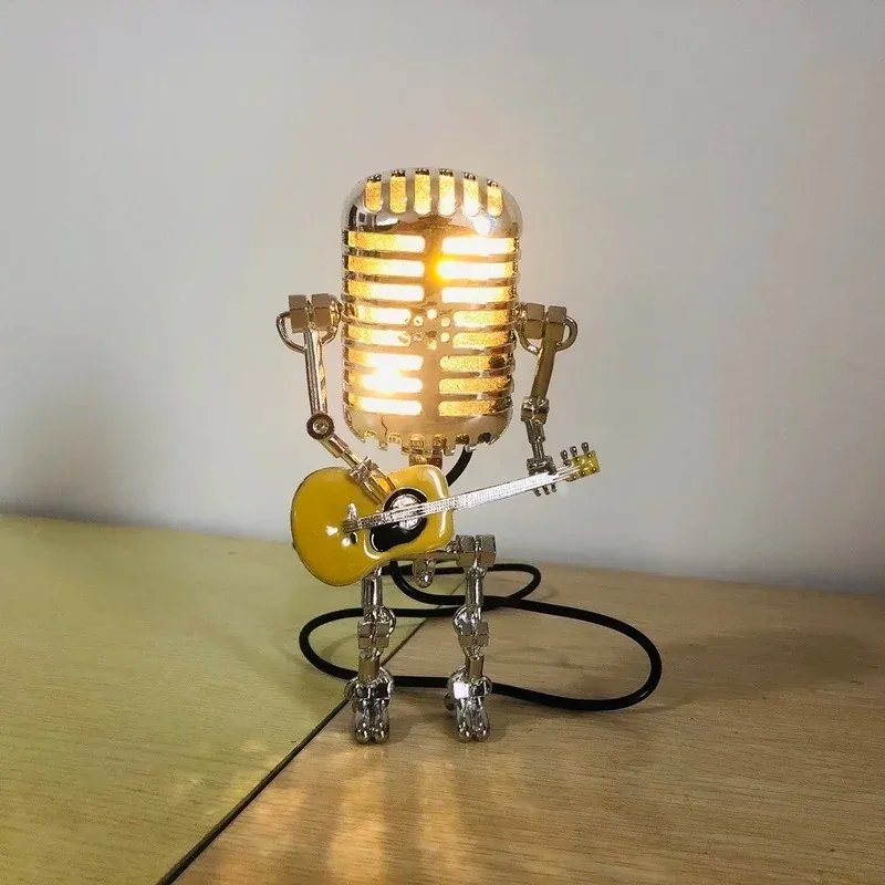 Hot Sale Vintage Microphone Robot Lamp Play Guitar Desk LED Lamp Light Vintage Miniatures Crafts Lighting Office Home Decoration