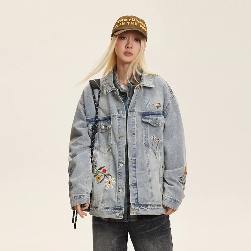 Men Women Flowers Embroidery Streetwear Vintage Fashion Loose Casual Denim Jeans Jacket Cowboy Coats Spring Autumn Outerwear