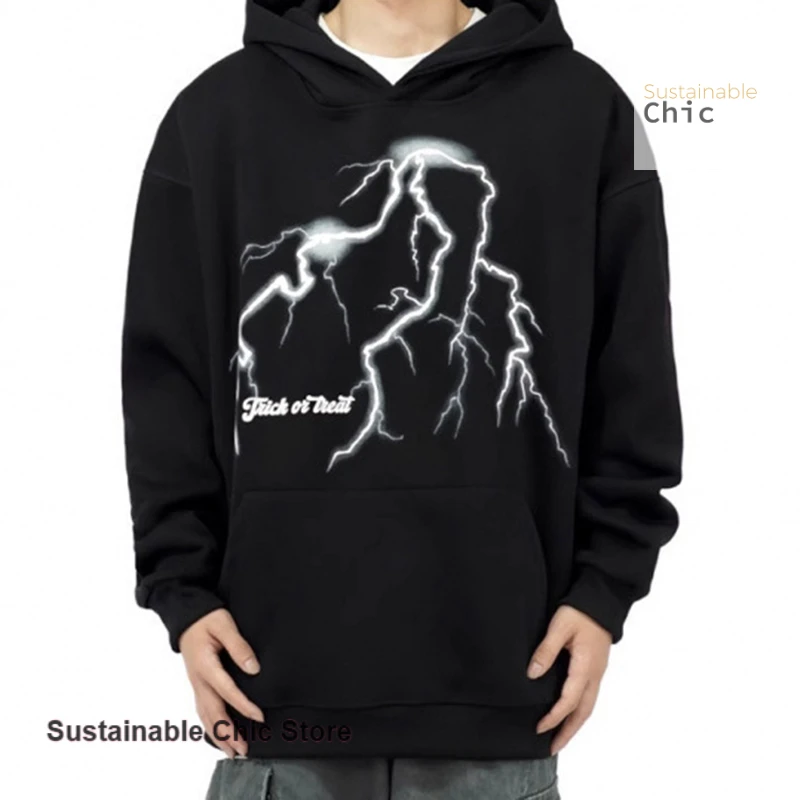 American high street lightning printing simple pattern hooded sweater women's autumn and winter loose trend design casual top