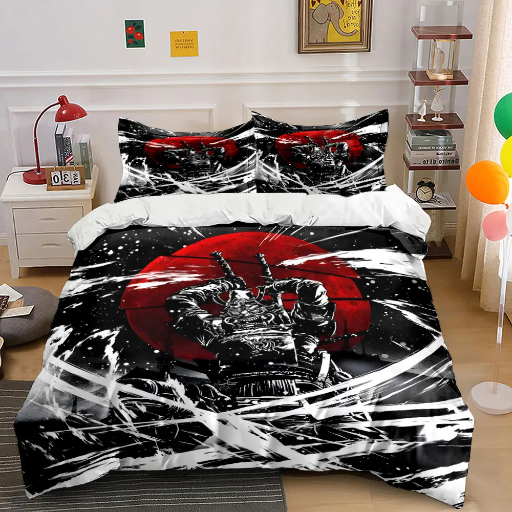 Samurai Wielding Swords with Red Sun Bedding Set for Kids Luxury Gift 3pcs Digital Print Comforter Set Soft Comfortable