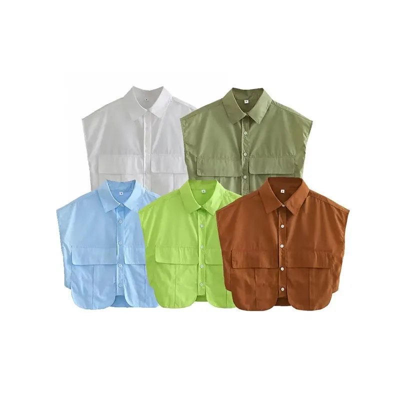 

Женские летние короткие рубашки с карманами 2023, модные винтажные однобортные повседневные элегантные тонкие топы без рукавов