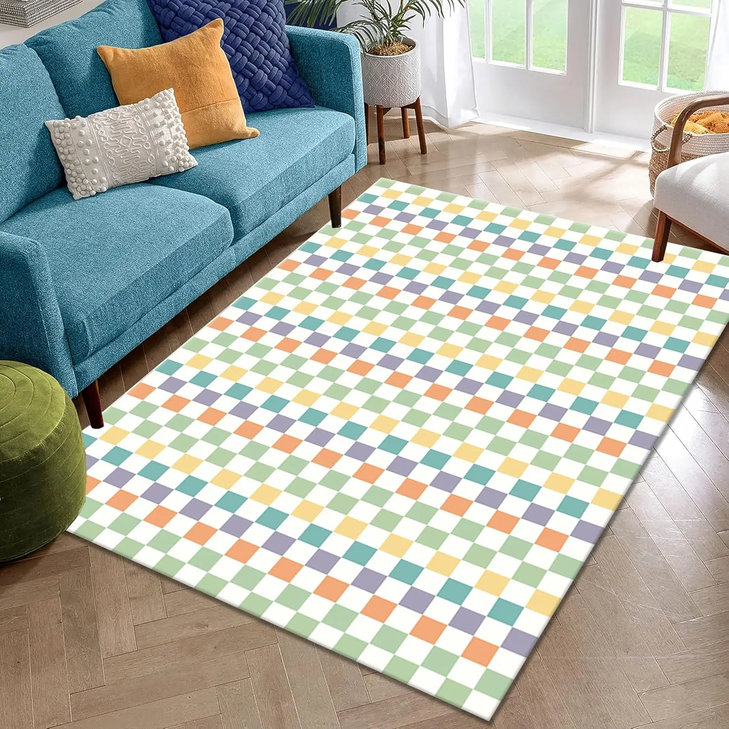 Modern Colourful Checkerboard Area Rug,Soft Multicoloured Checkerboards Rug,Modern Washable Geometric Carpet,Easy to Clean