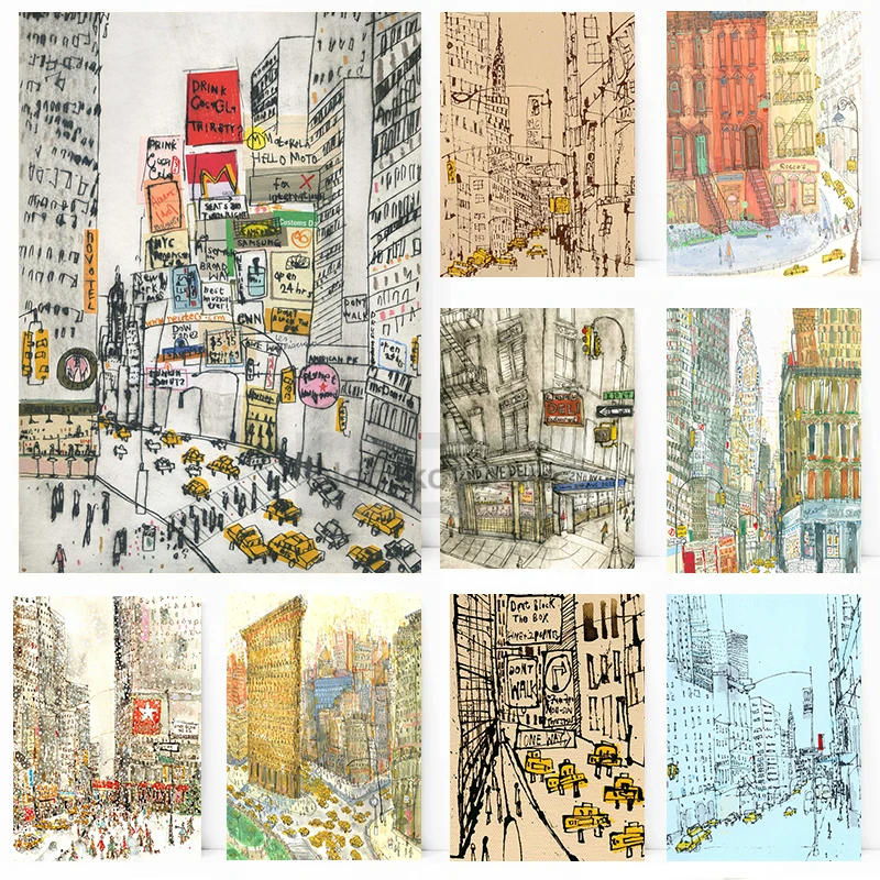 New York Streetscape Sketch Posters New York City Watercolor Drawing Prints Canvas Painting Wall Art Pictures Home Room Decor