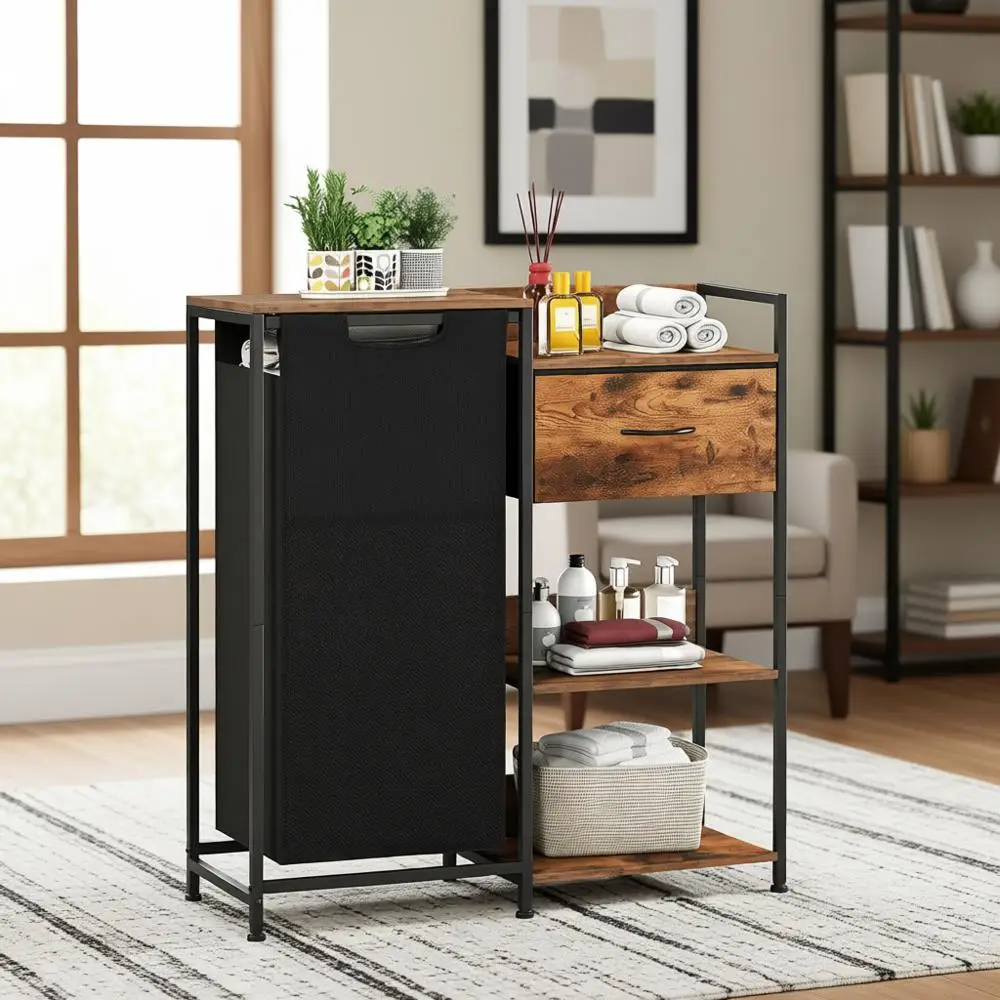 

Wooden-Textured Laundry Hamper with Fabric Drawer and Shelves, 60L Sorter with Pull-Out Removable Bag