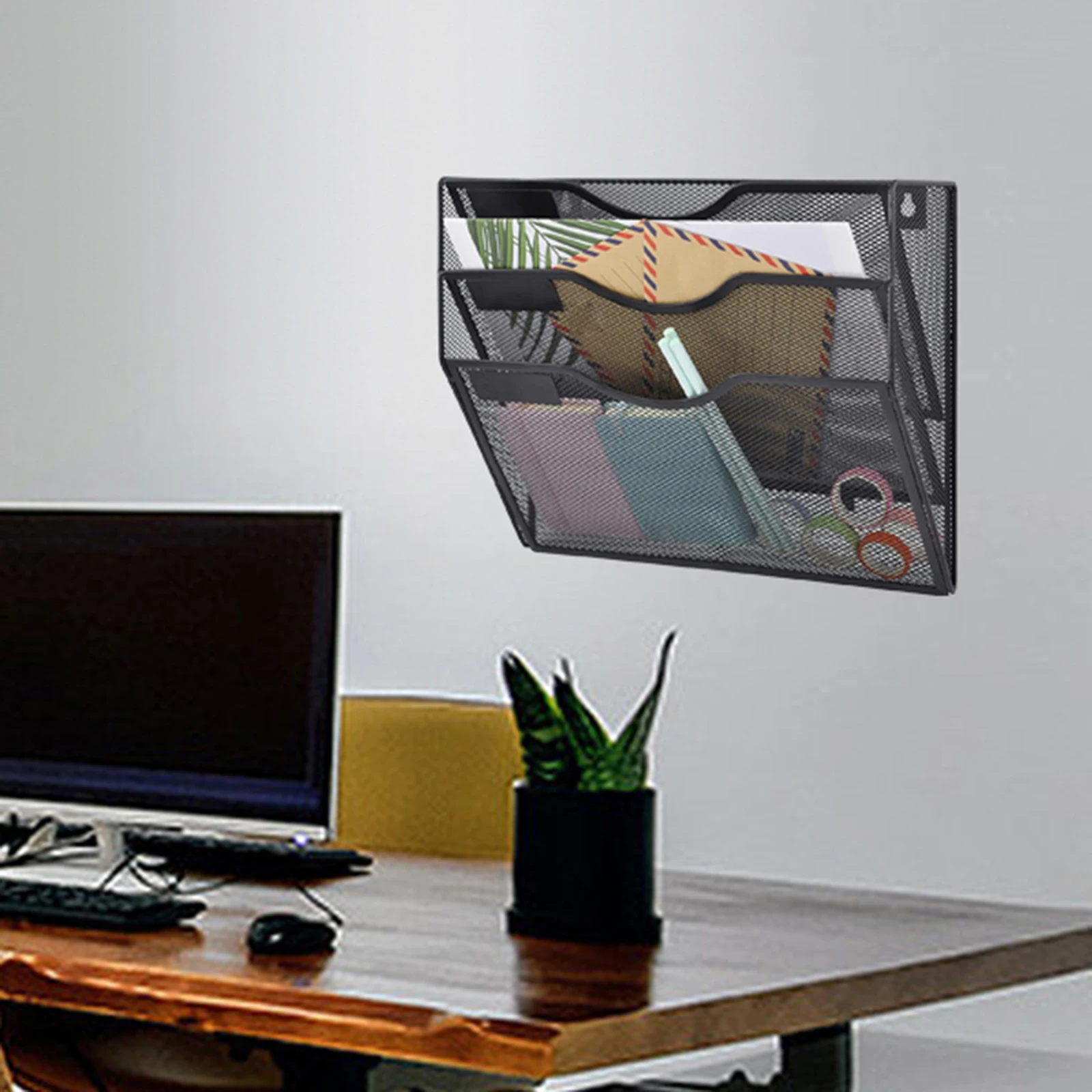 Wall Mounted Mesh File Holder Rack Office Organizer 3 Pockets Displaying and Holding files Storage Newspaper A4 Information Rack